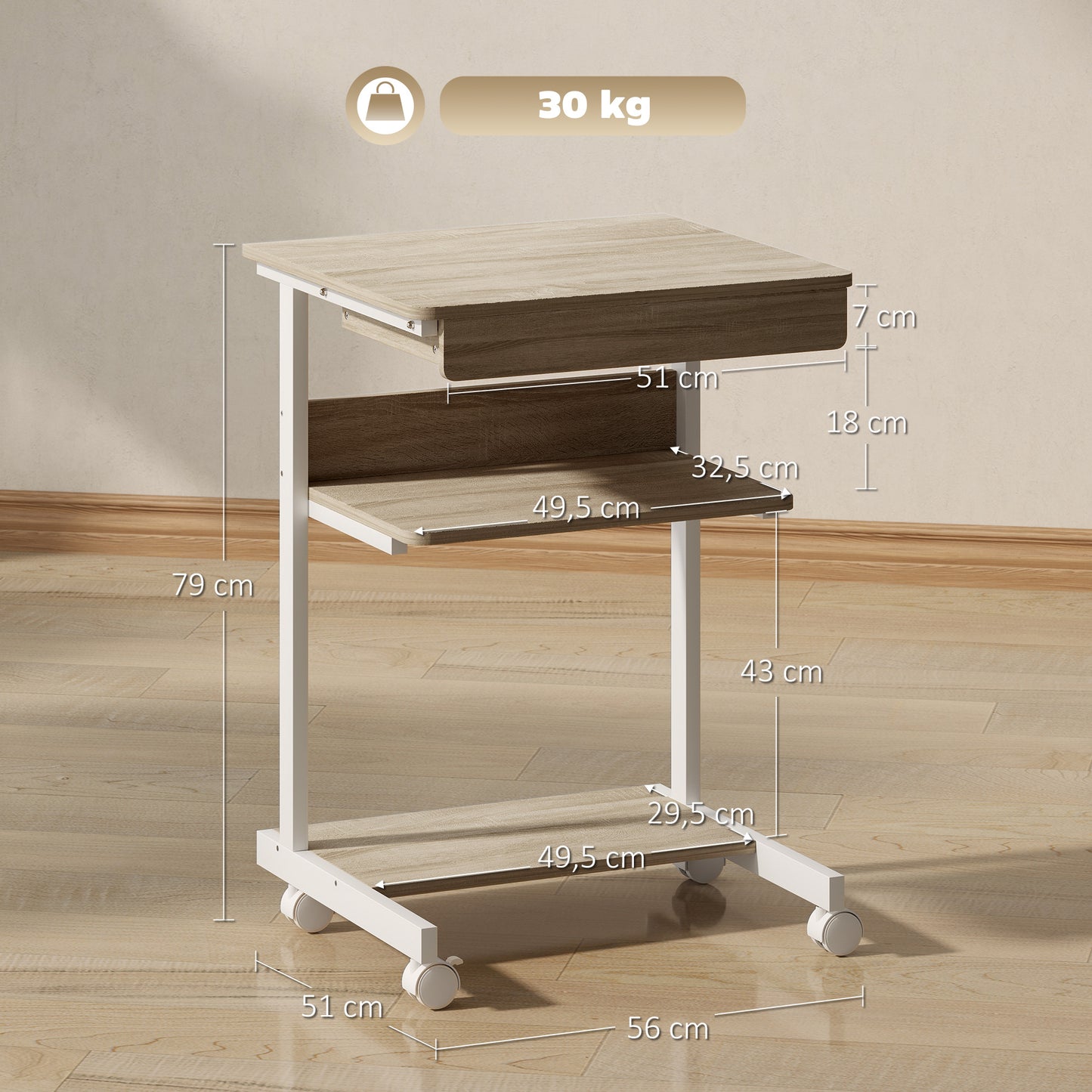 Mobile Desk with Drawer and Shelves, 4 Wheels, Chipboard, Metal