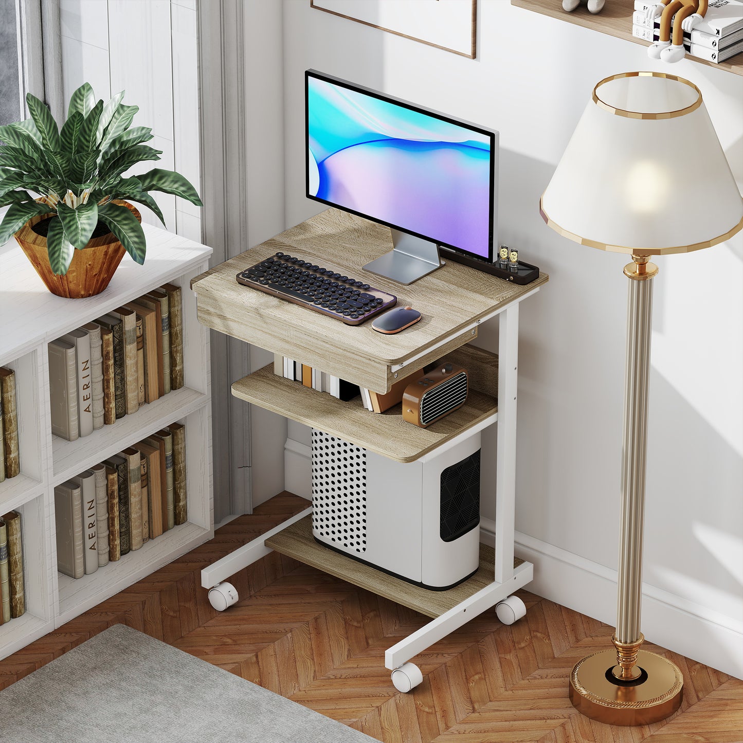 Mobile Desk with Drawer and Shelves, 4 Wheels, Chipboard, Metal