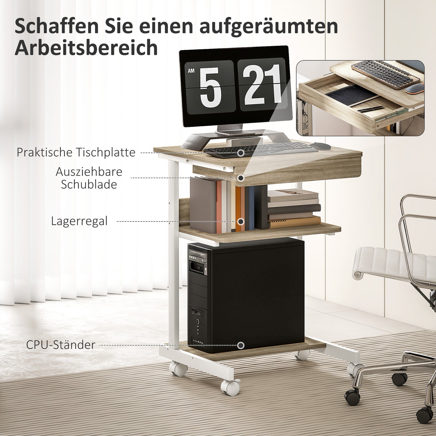 Mobile Desk with Drawer and Shelves, 4 Wheels, Chipboard, Metal