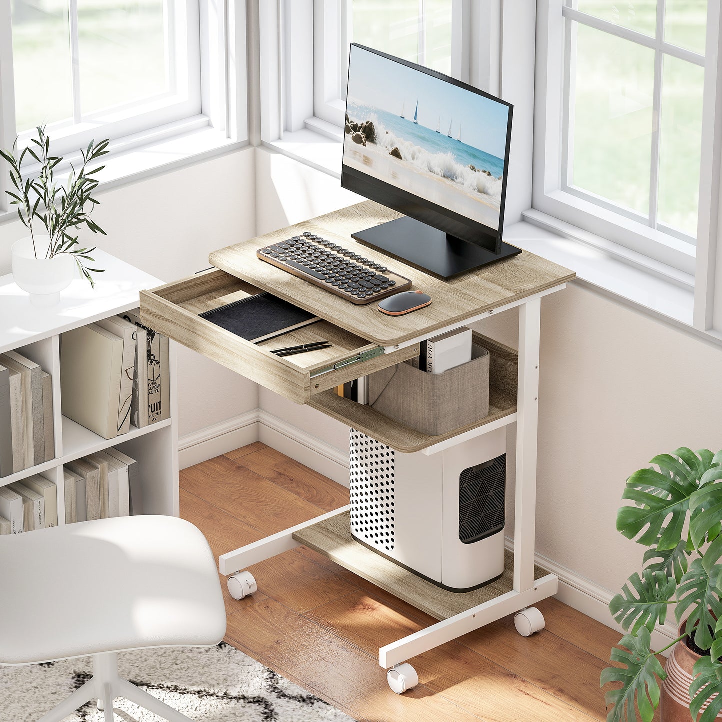 Mobile Desk with Drawer and Shelves, 4 Wheels, Chipboard, Metal