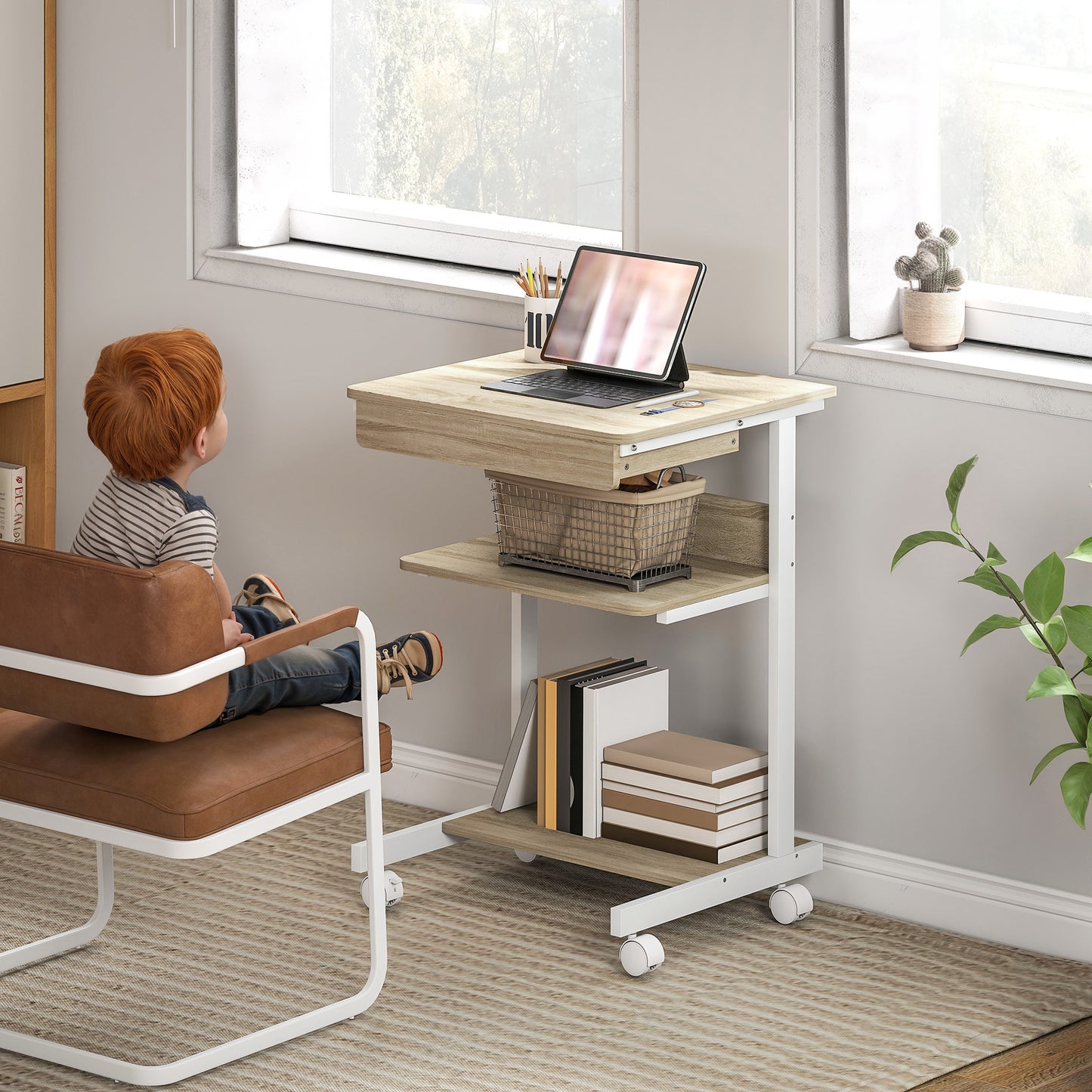 Mobile Desk with Drawer and Shelves, 4 Wheels, Chipboard, Metal