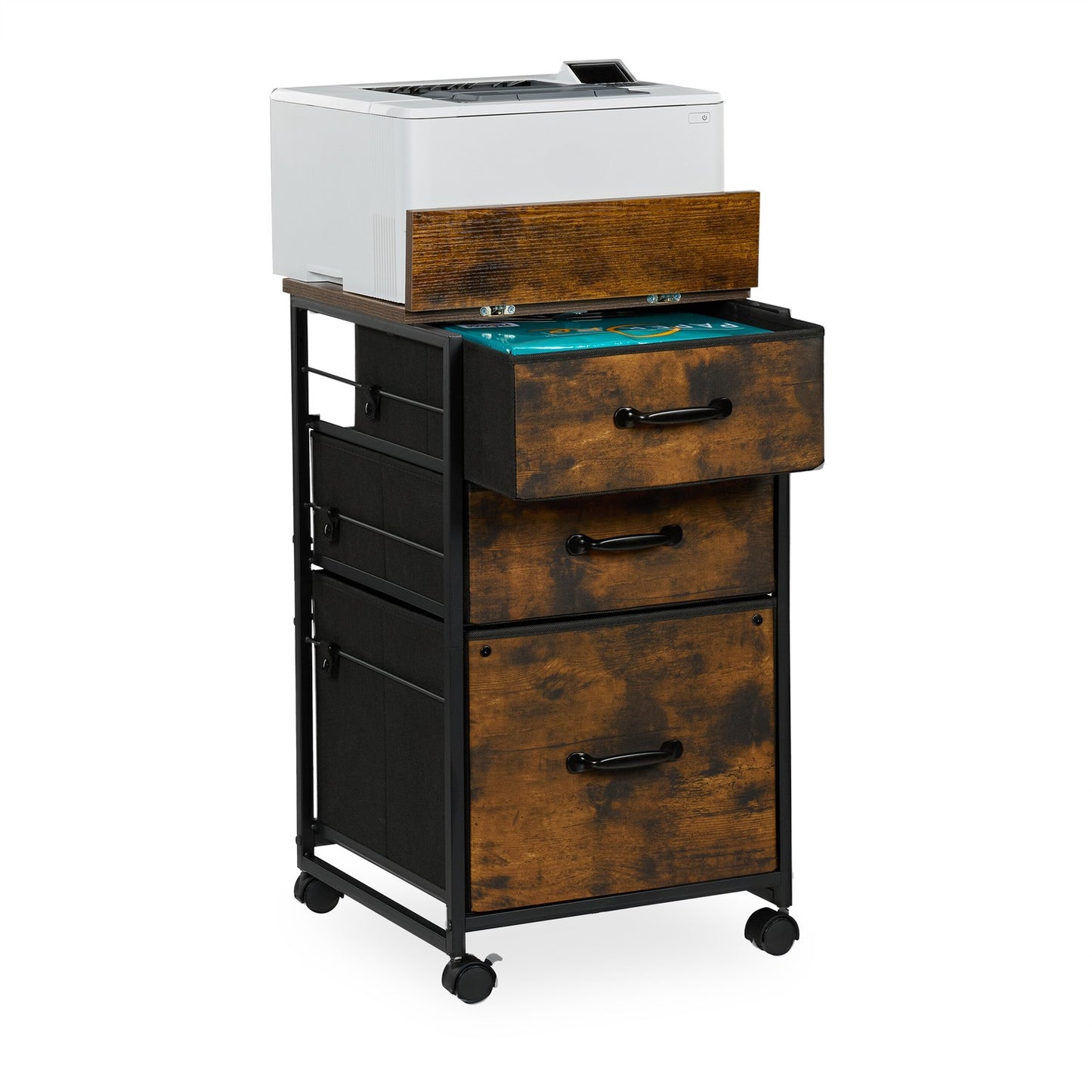 Mobile File Cabinet with 3 Drawers, Industrial Style
