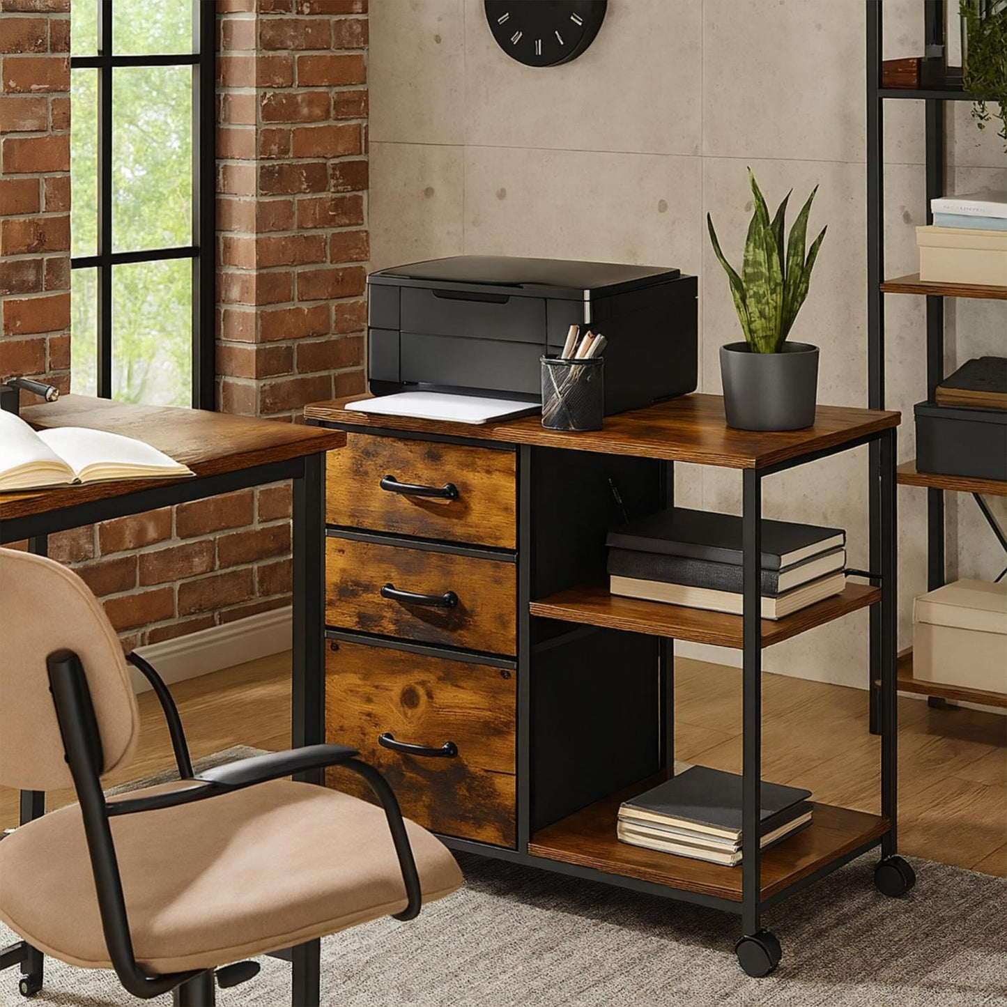 Mobile File Cabinet with 3 Drawers and Shelves