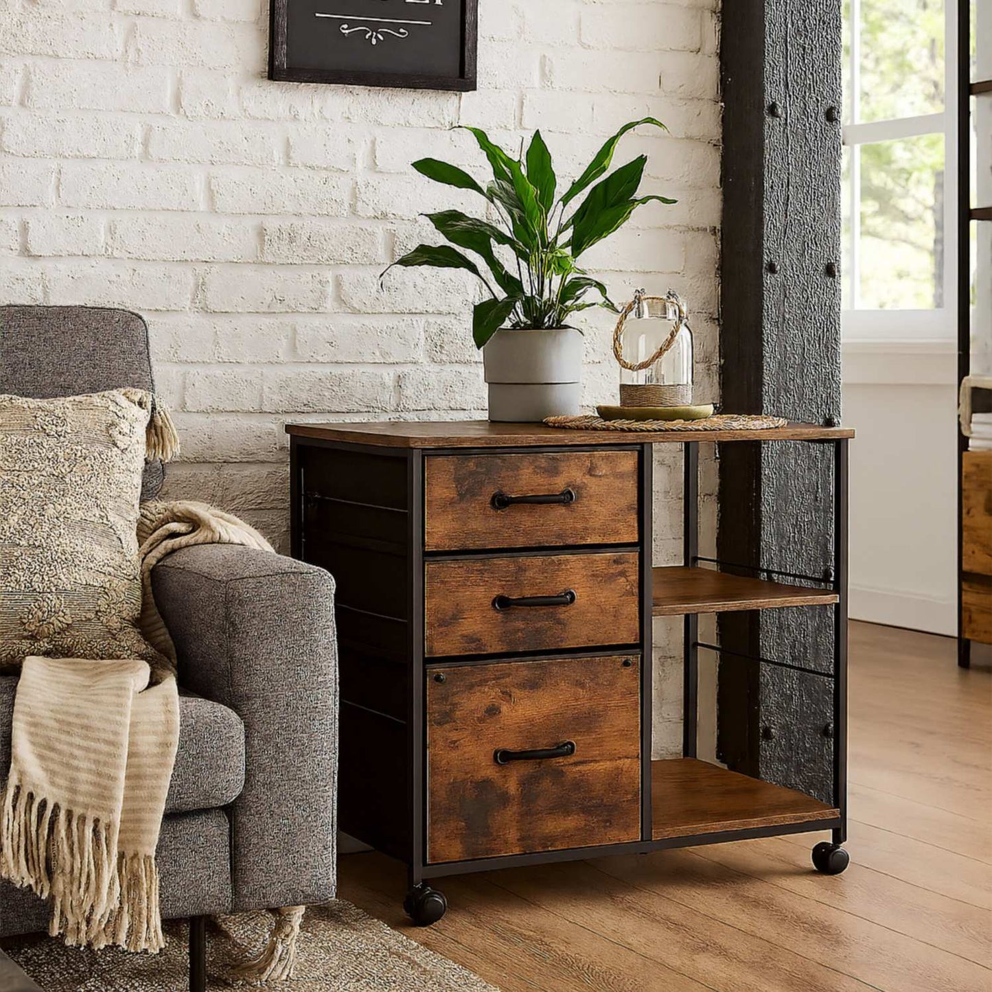 Mobile File Cabinet with 3 Drawers and Shelves