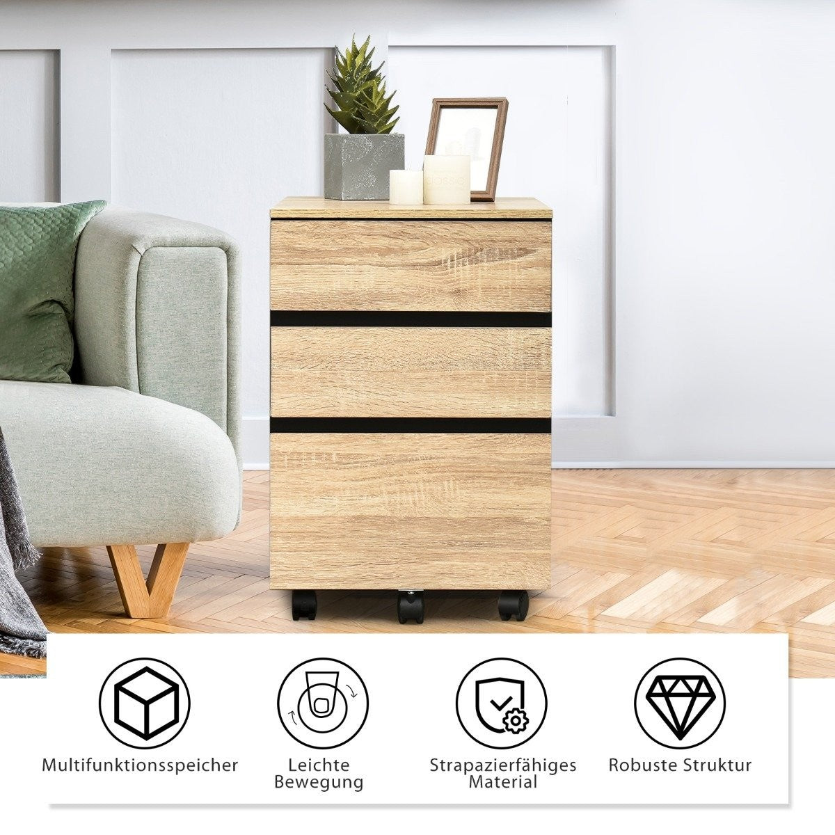 Mobile File Cabinet with 3 Drawers and Wheels