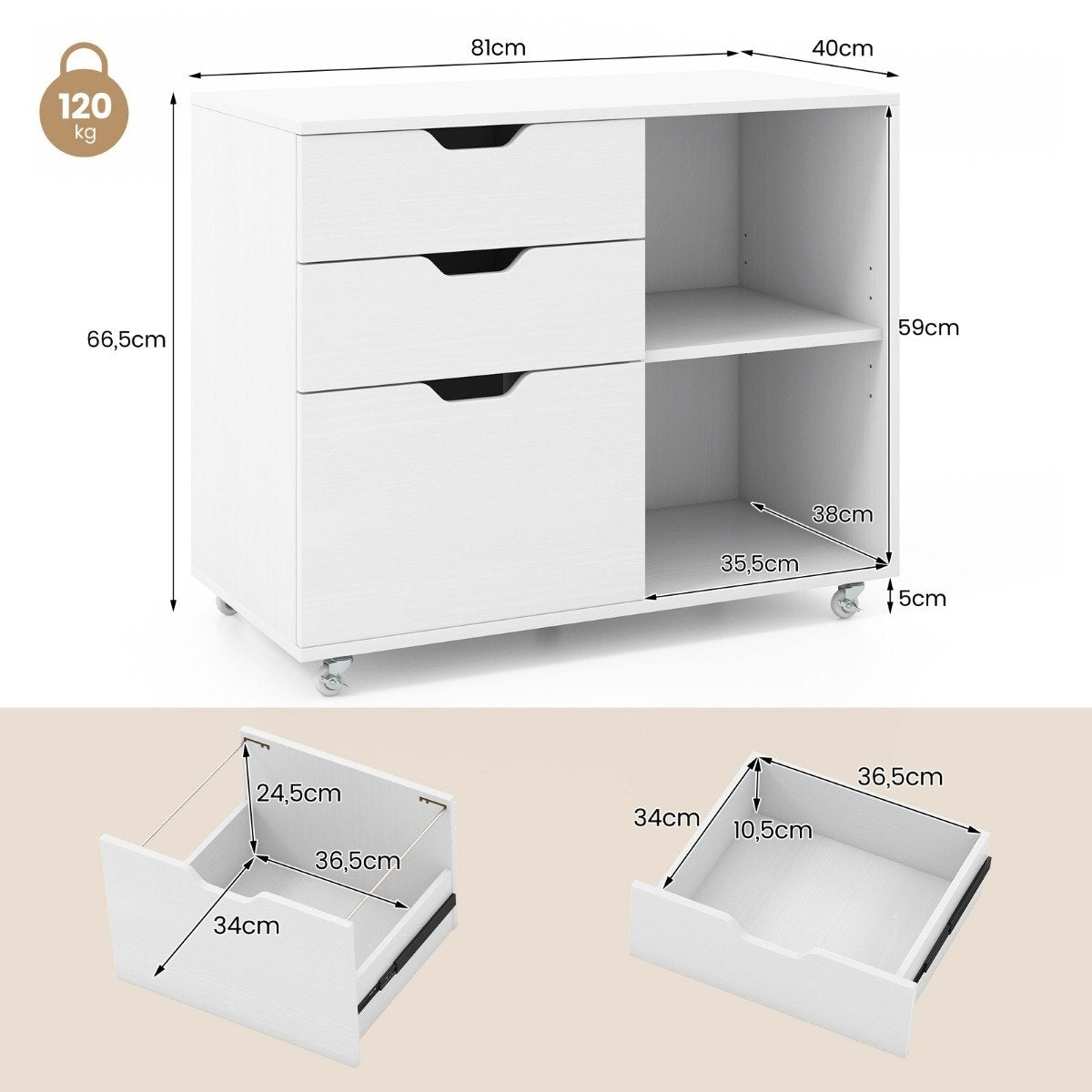 Mobile File Cabinet with 3 Drawers and Wheels, White