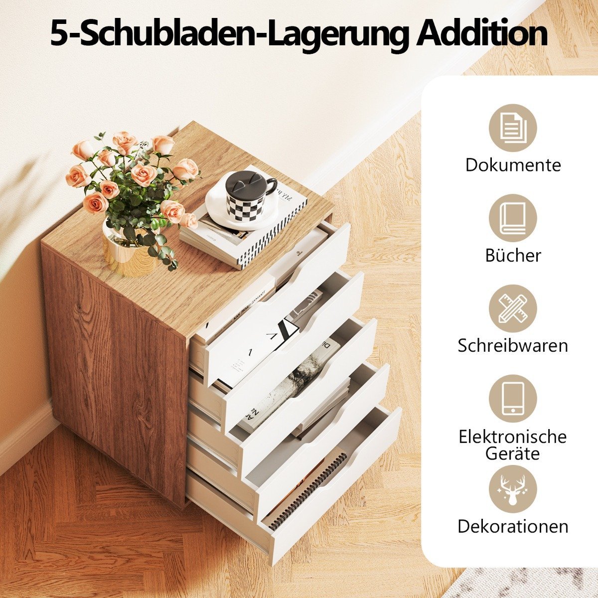 Mobile File Cabinet with 5 Drawers, 360° Wheels, 48x39.5x65.5 cm
