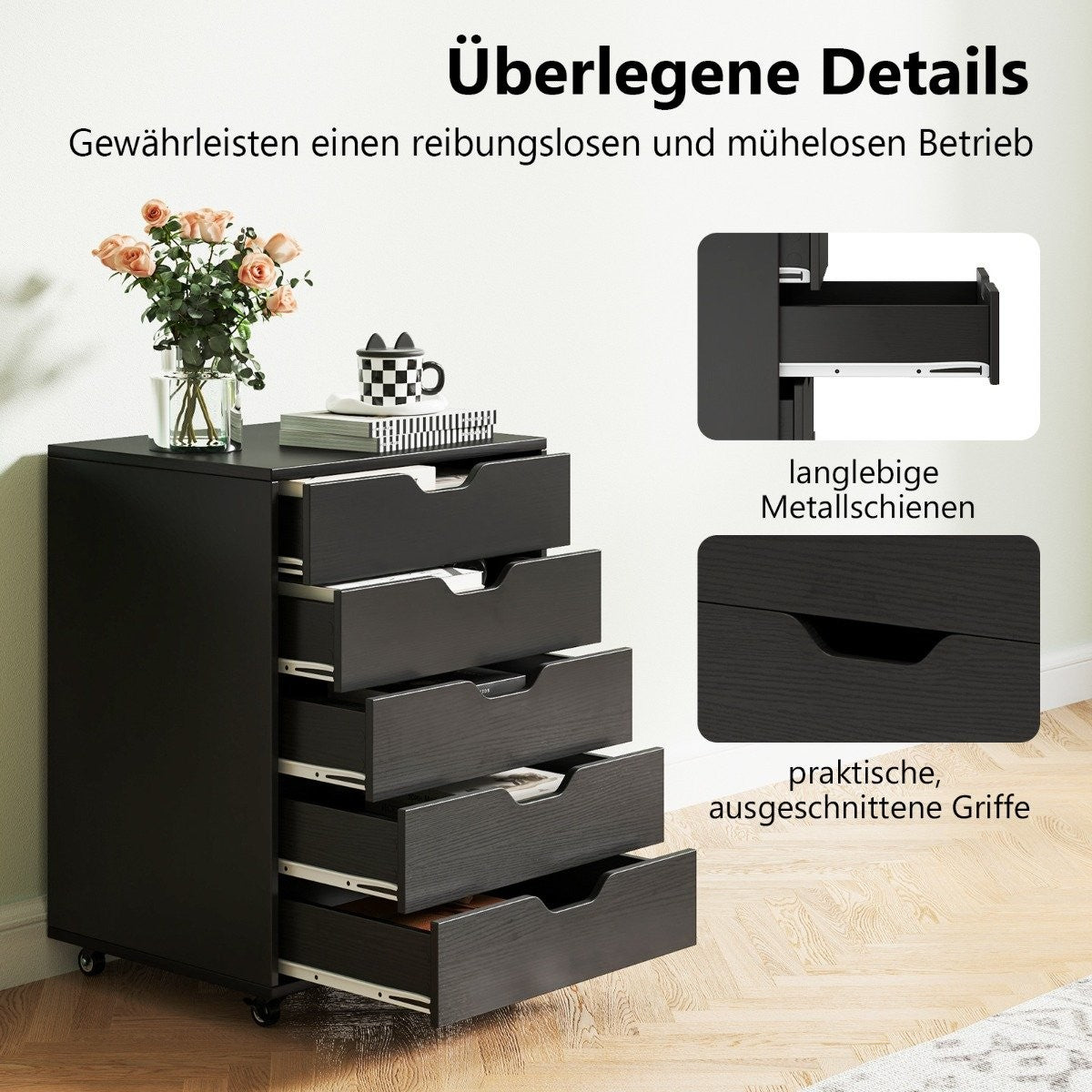 Mobile File Cabinet with 5 Drawers, Black, 49x41x66 cm