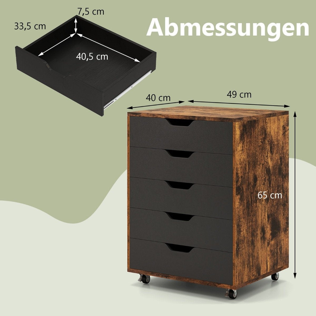 Mobile File Cabinet with 5 Drawers, Brown Wood, Rolling