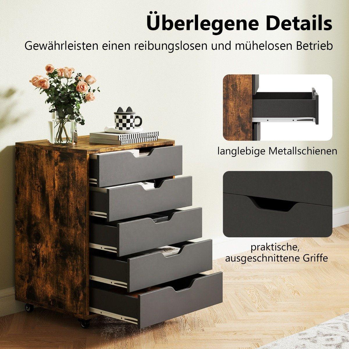 Mobile File Cabinet with 5 Drawers, Brown Wood, Rolling