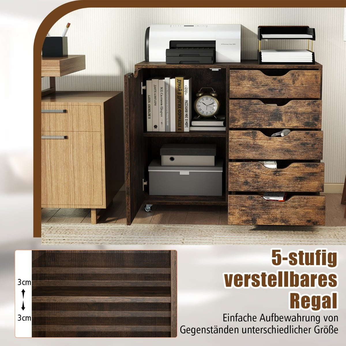 Mobile File Cabinet with 5 Drawers & Door – Brown