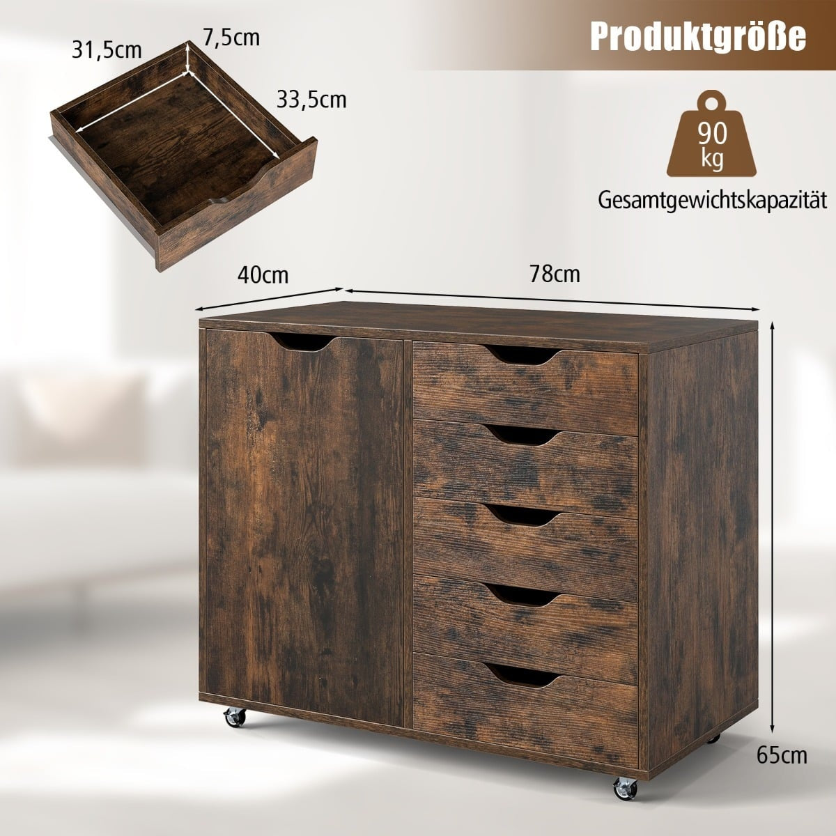 Mobile File Cabinet with 5 Drawers & Door – Brown