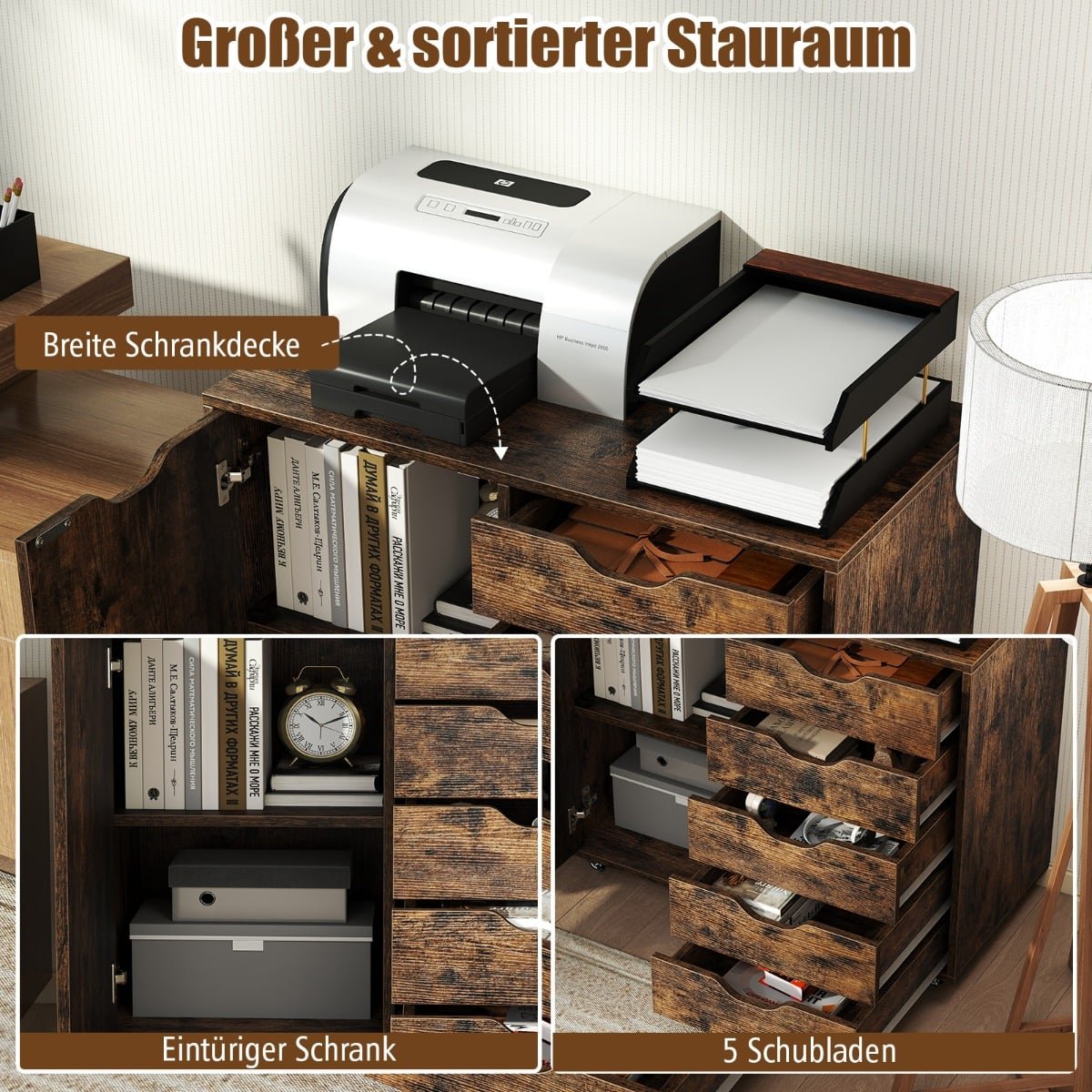 Mobile File Cabinet with 5 Drawers & Door – Brown