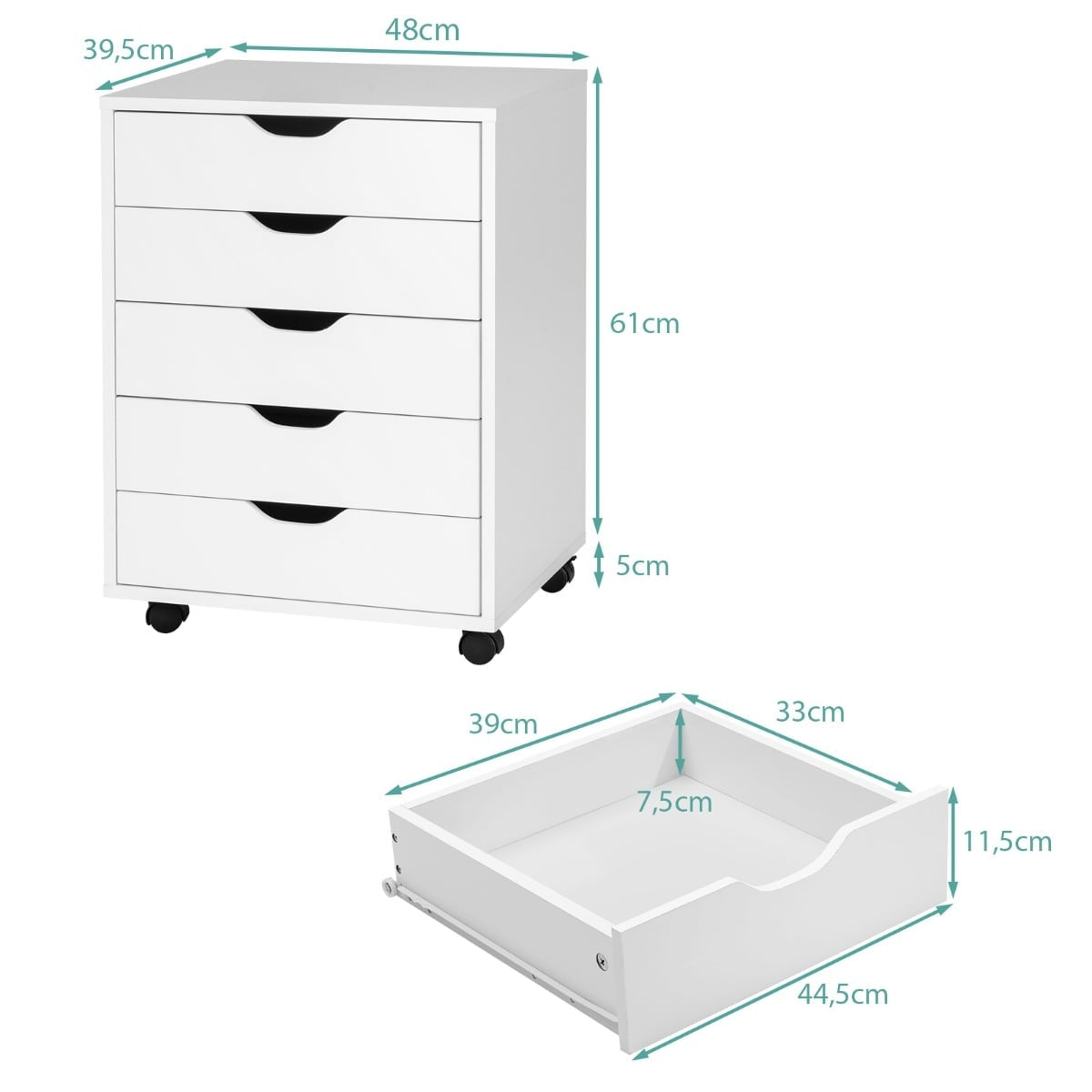 Mobile File Cabinet with 5 Drawers, White, 48x39.5x65.5 cm