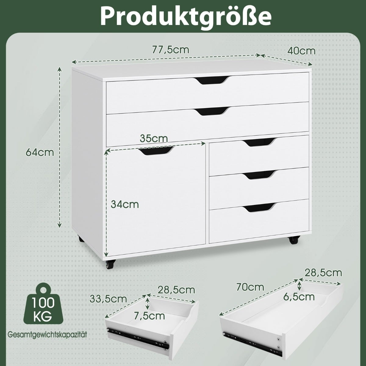 Mobile File Cabinet with 5 Drawers and Cabinet, White