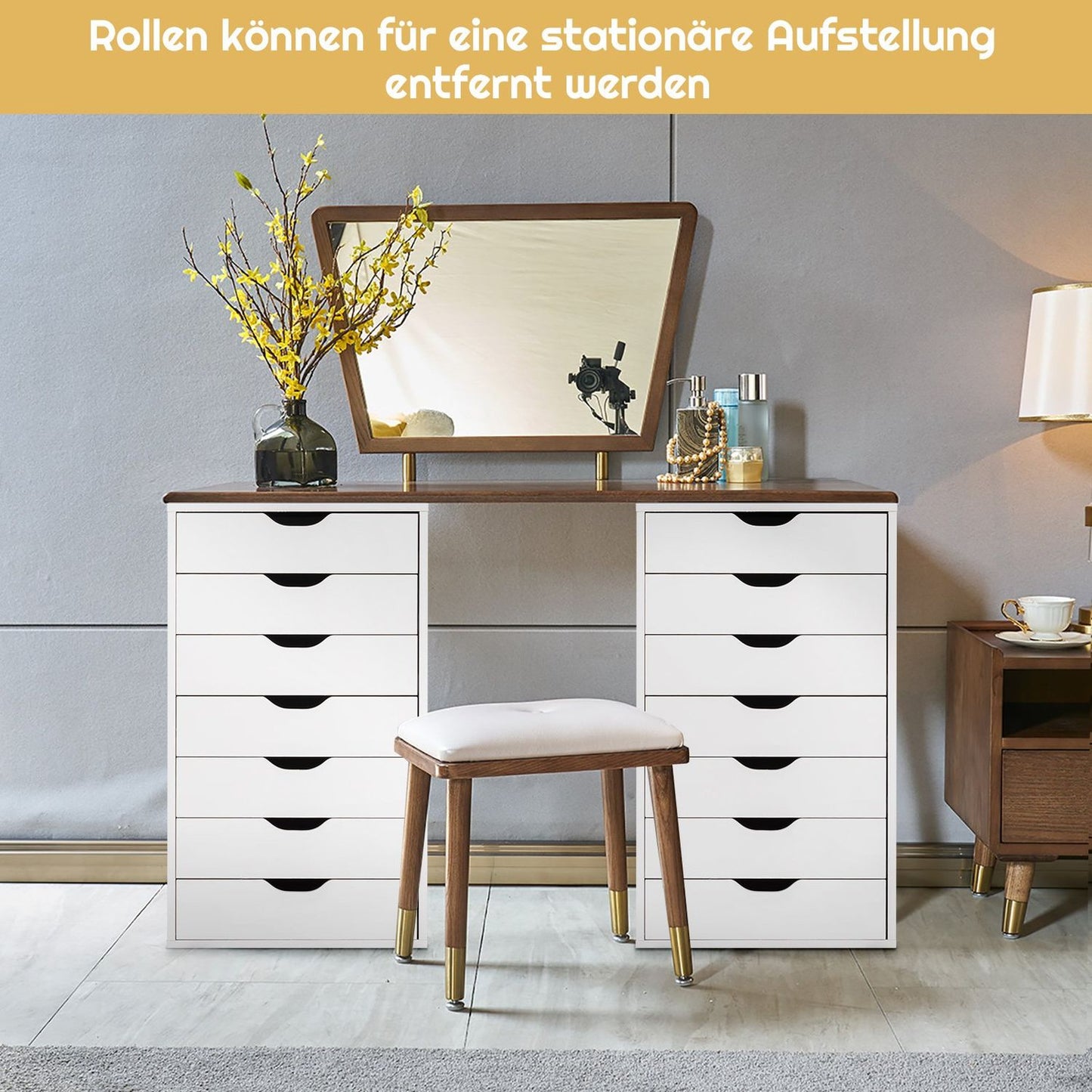 Mobile File Cabinet with 7 Drawers, Lockable Wheels, White
