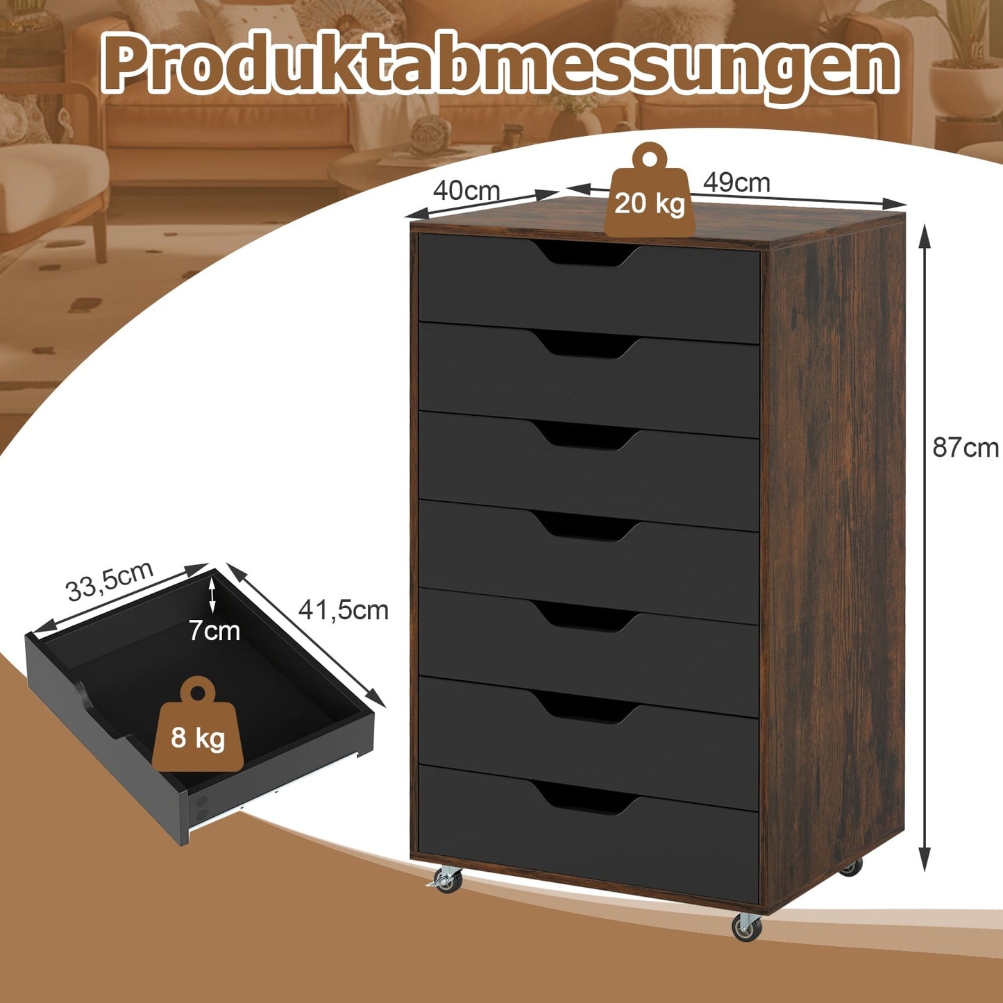 Mobile File Cabinet with 7 Drawers, Rustic Brown
