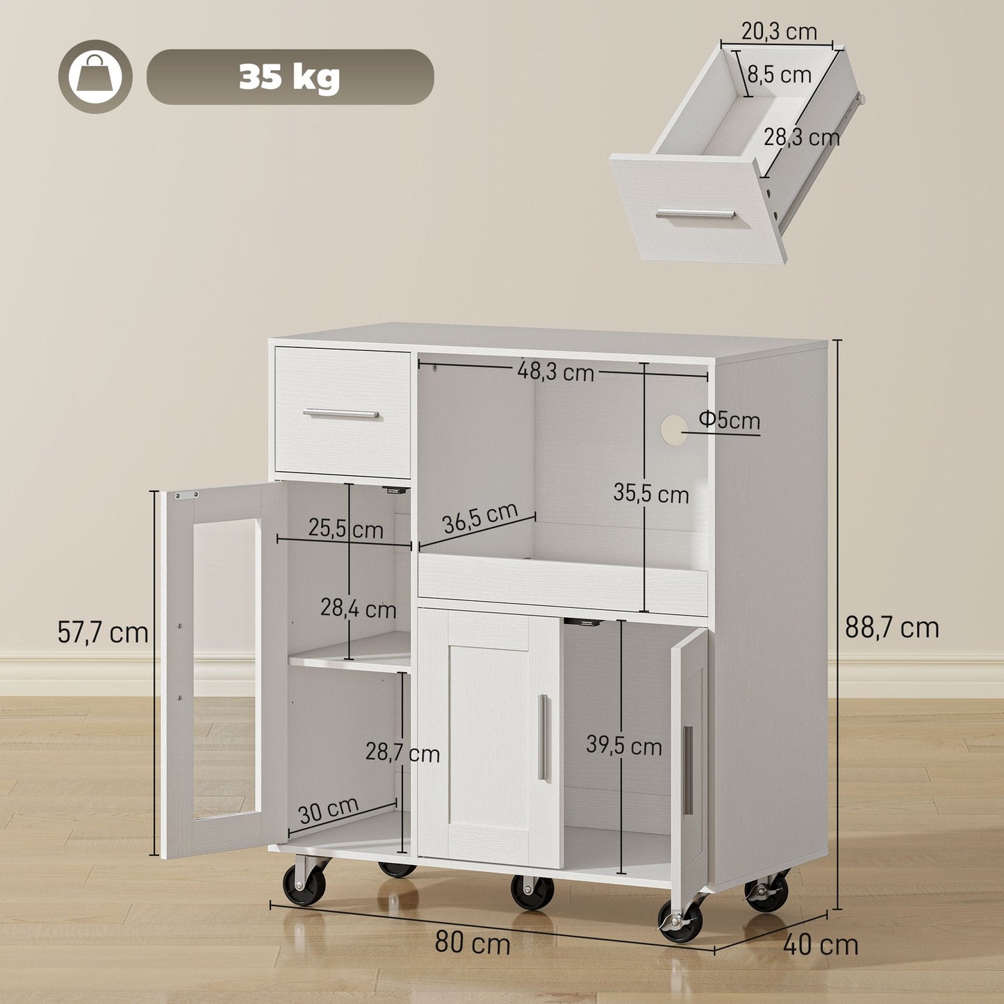 Mobile Kitchen Cabinet, White, Adjustable Shelves, Wheels