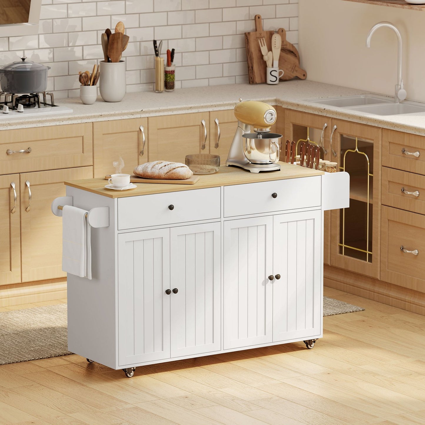 Mobile Kitchen Island, 2 Drawers, Spice Rack, MDF, White