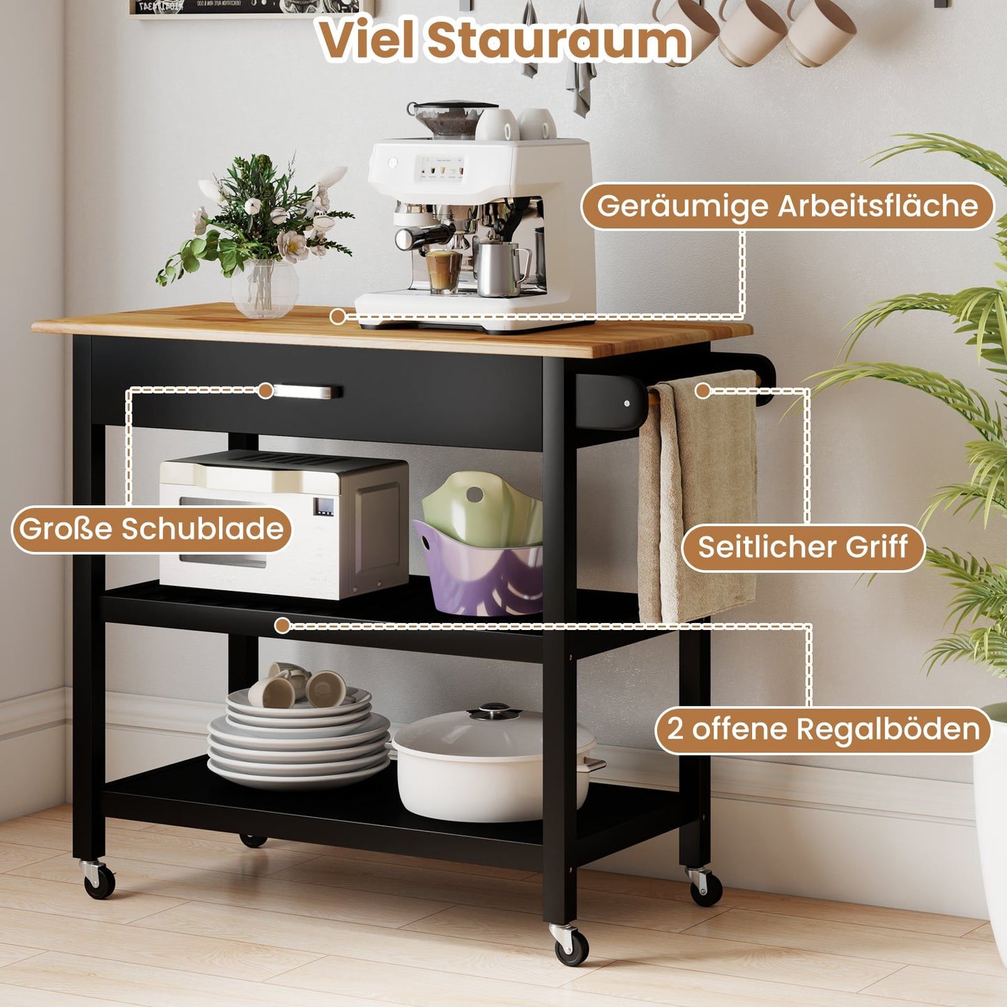 Mobile Kitchen Island Cart with Drawer & Shelves, Black