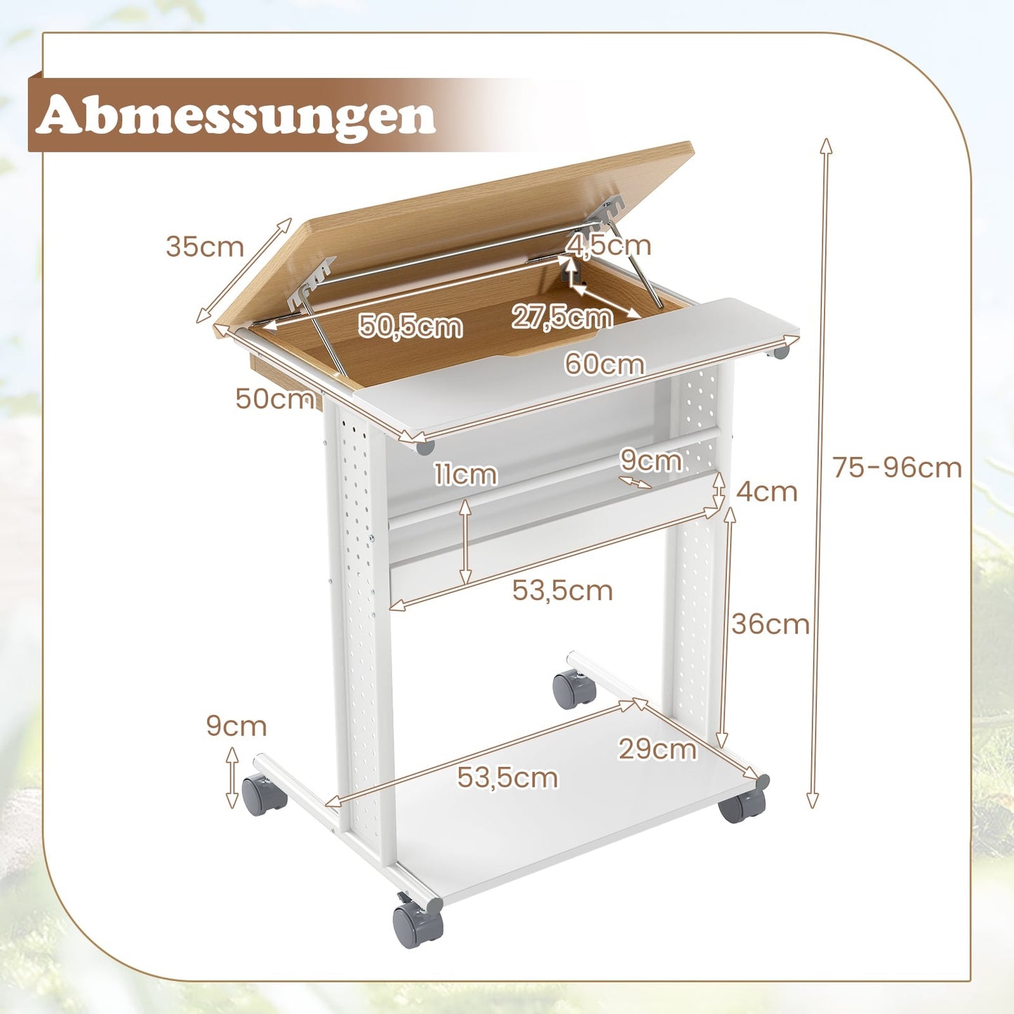 Mobile Laptop Desk with Tilt Top, Storage, Wheels