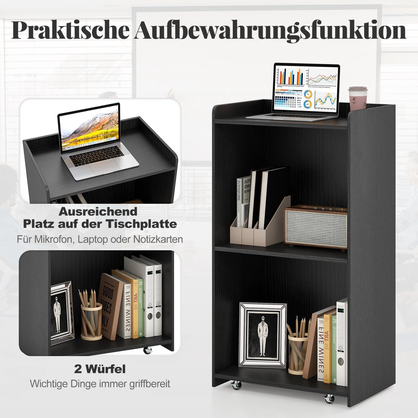 Mobile Podium Stand with Shelves, Black, 105 cm