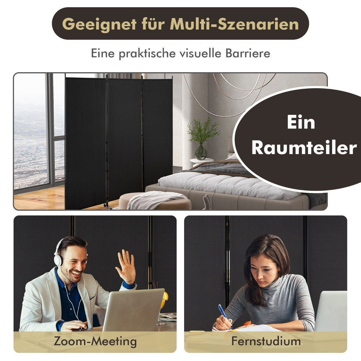 Mobile Room Divider with Wheels, 3 Panels, 180 cm, Black