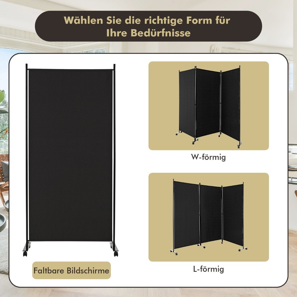 Mobile Room Divider with Wheels, 3 Panels, 180 cm, Black