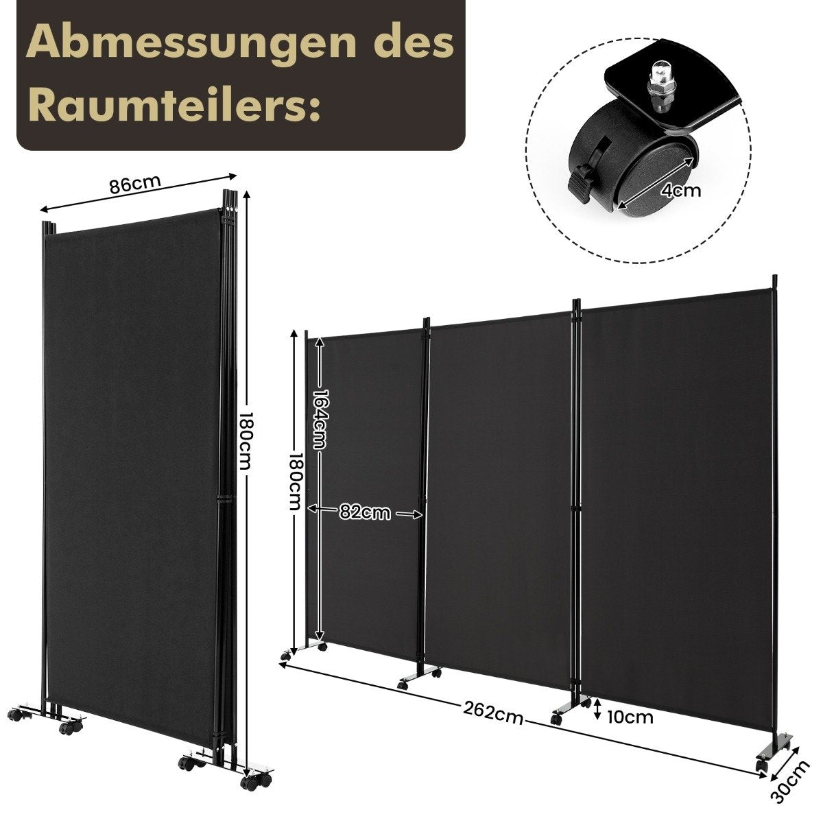 Mobile Room Divider with Wheels, 3 Panels, 180 cm, Black