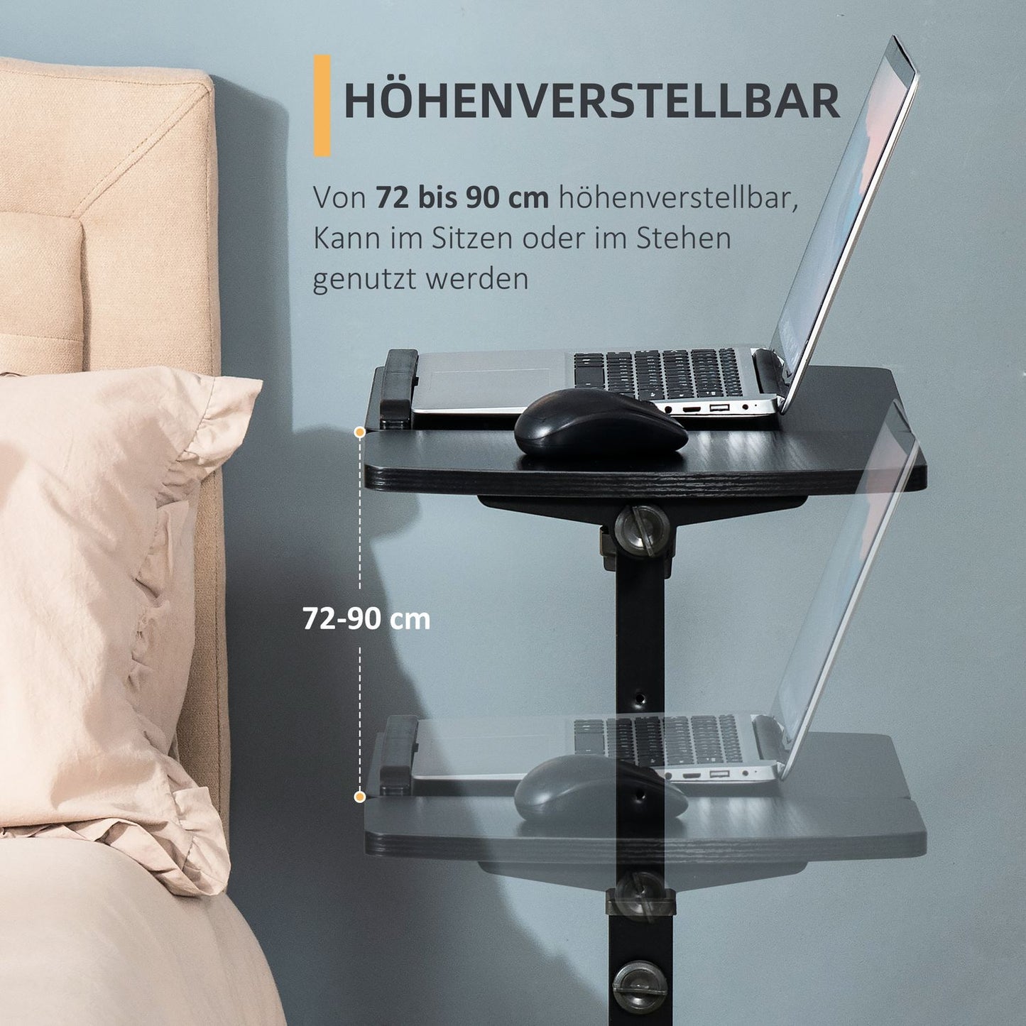 Mobile portable tripod table, adjustable height, black
