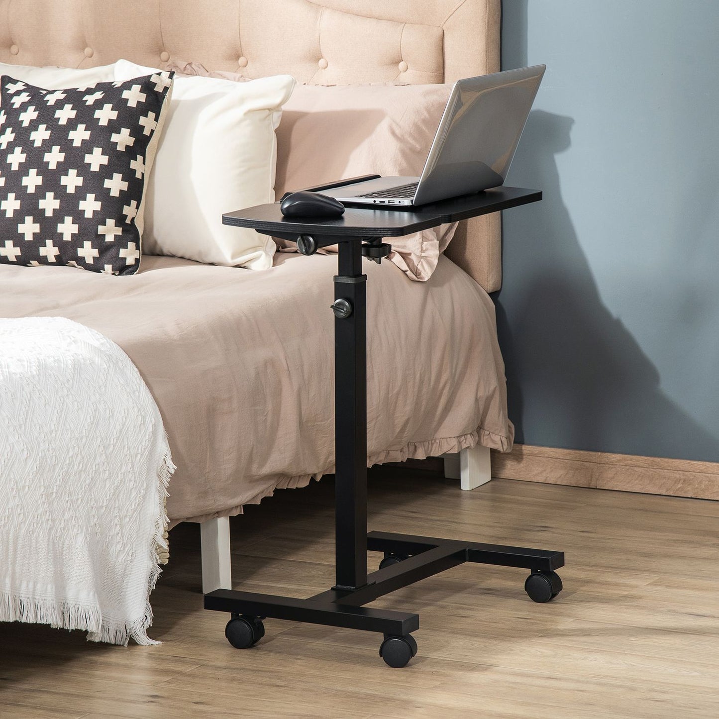 Mobile portable tripod table, adjustable height, black