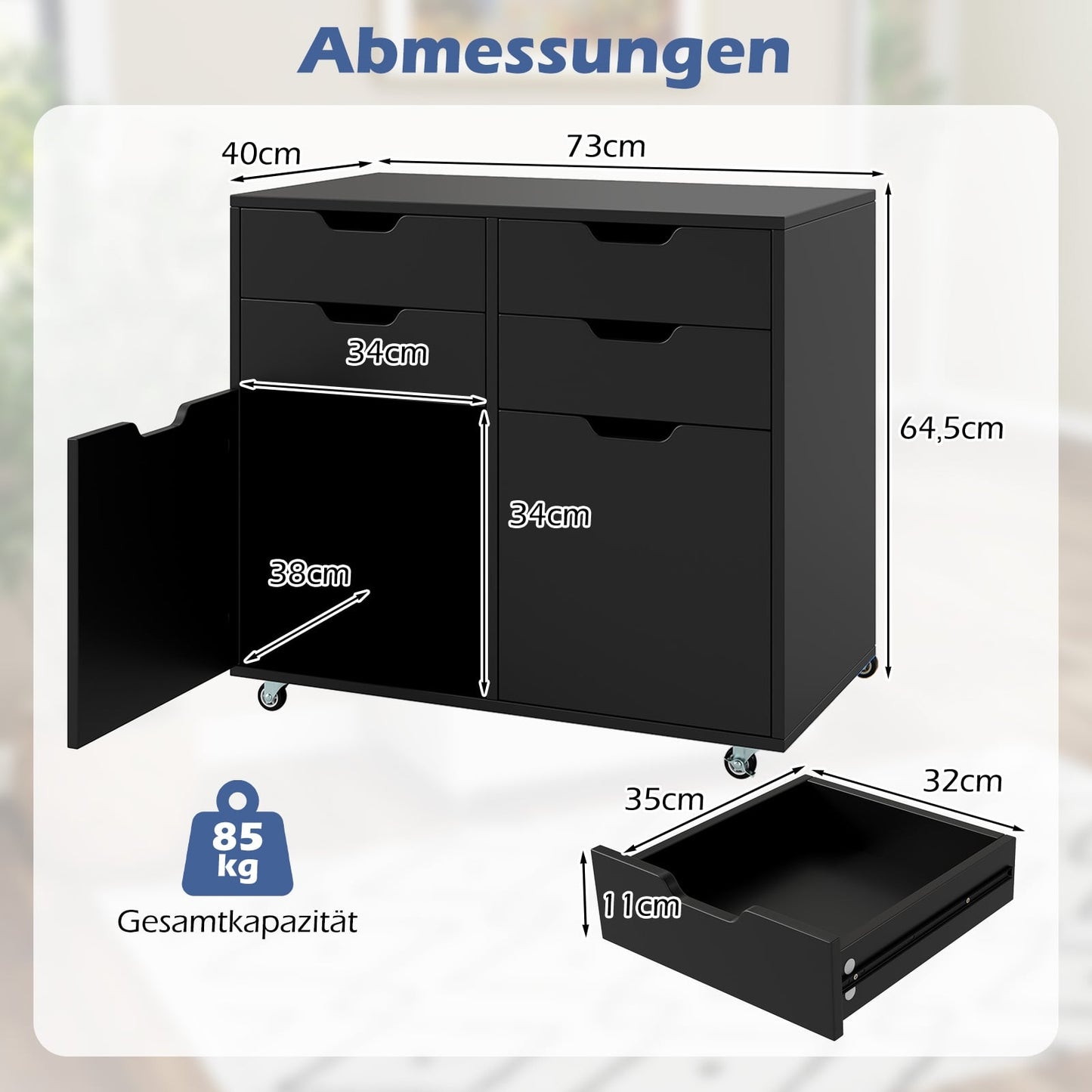 Mobile Storage Cabinet with 4 Drawers, 2 Doors, Black