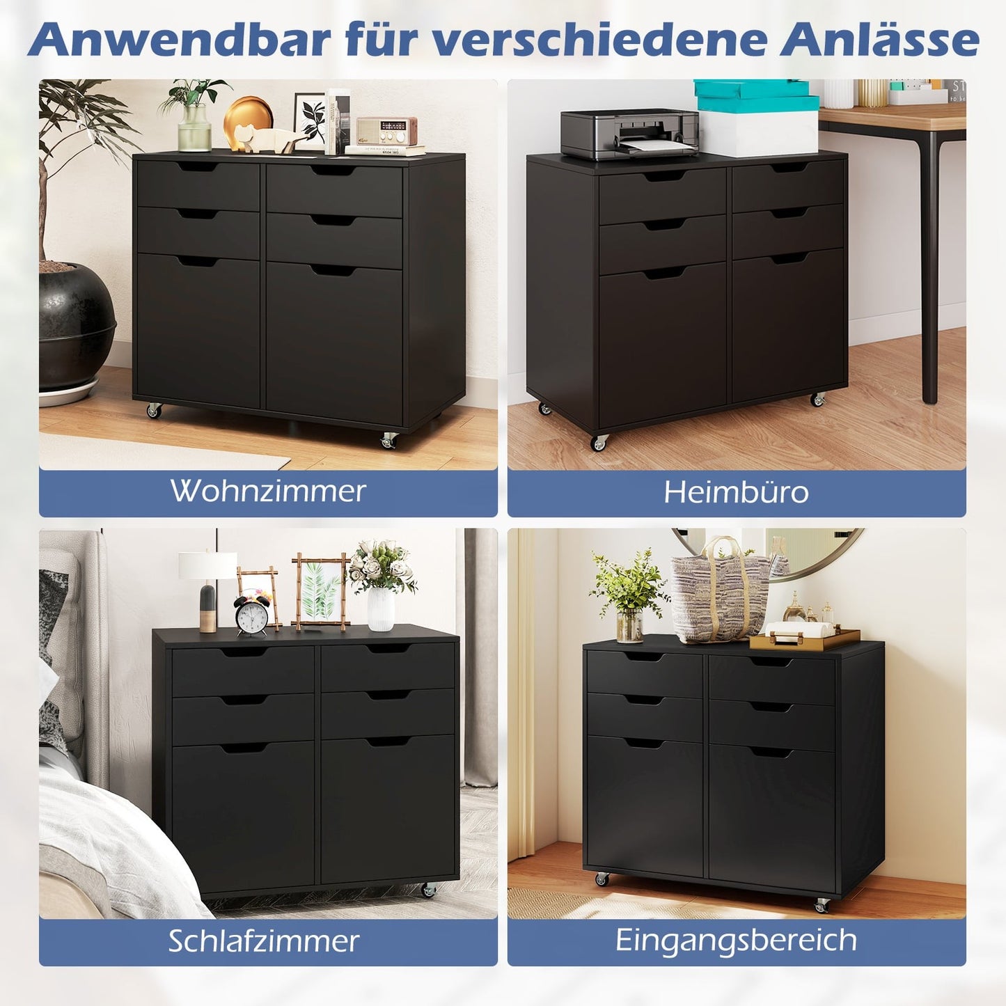 Mobile Storage Cabinet with 4 Drawers, 2 Doors, Black