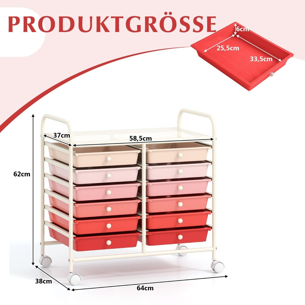 Mobile Storage Cart with 12 Stackable Drawers, Pink
