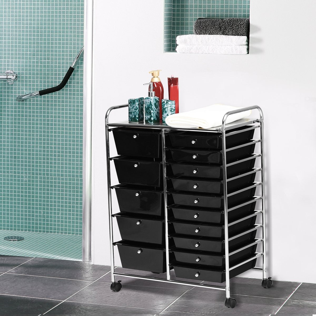 Mobile Storage Cart with 15 Stackable Drawers, Black