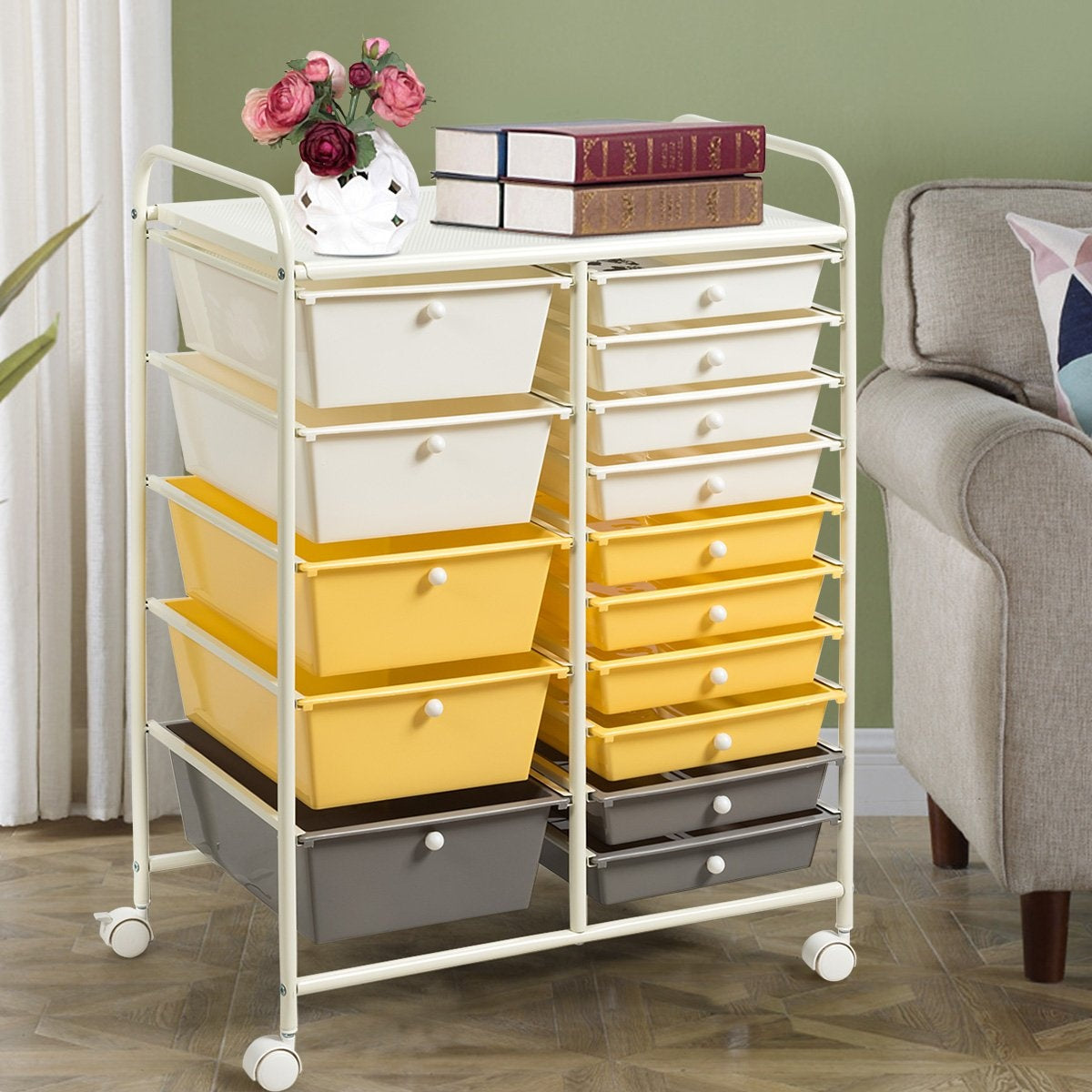 Mobile Storage Cart with 15 Stackable Drawers, Multi-Color
