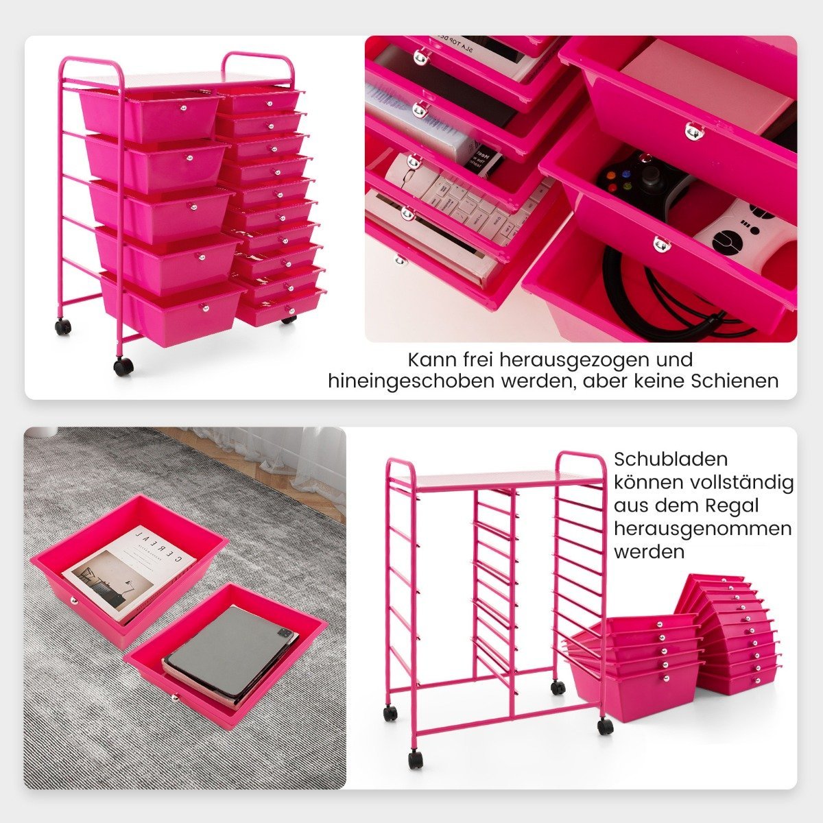 Mobile Storage Cart with 15 Stackable Drawers, Pink