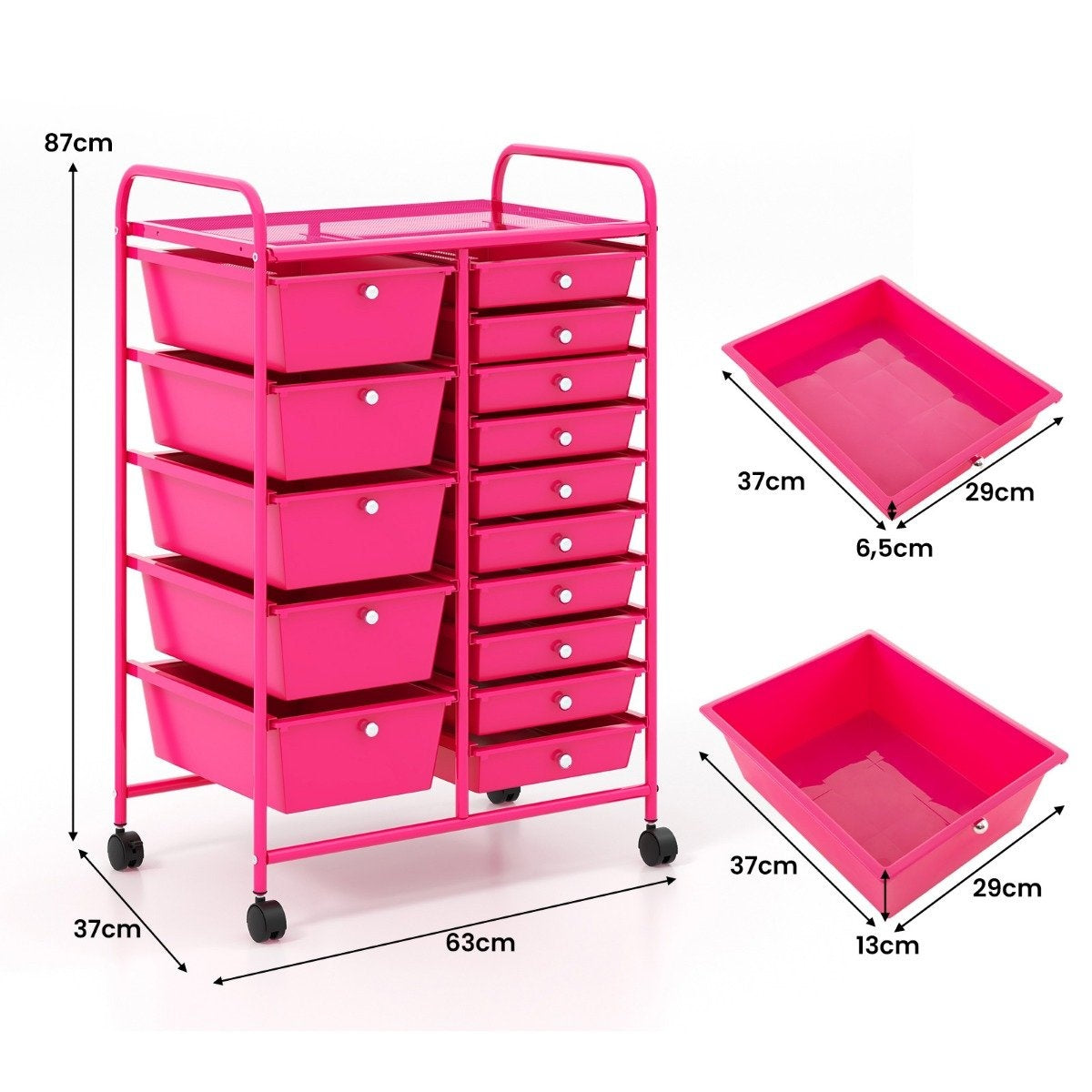 Mobile Storage Cart with 15 Stackable Drawers, Pink