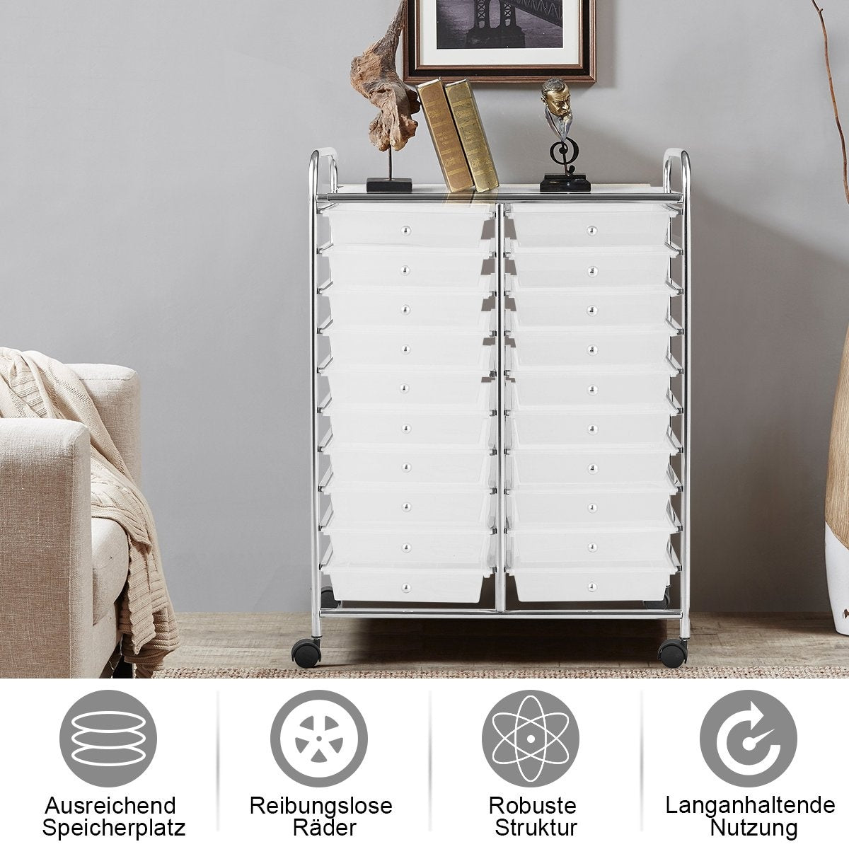 Mobile Storage Cart with 20 Drawers, Chrome Frame