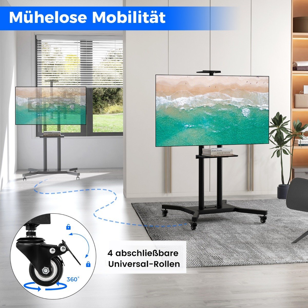 Mobile TV stand for 32-70 inch TVs up to 50 kg. Adjustable TV trolley with camera shelf