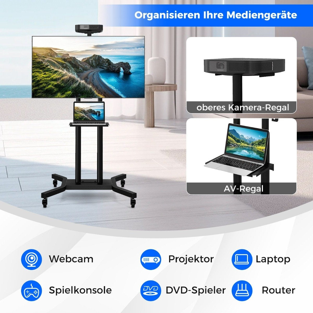 Mobile TV stand for 32-70 inch TVs up to 50 kg. Adjustable TV trolley with camera shelf