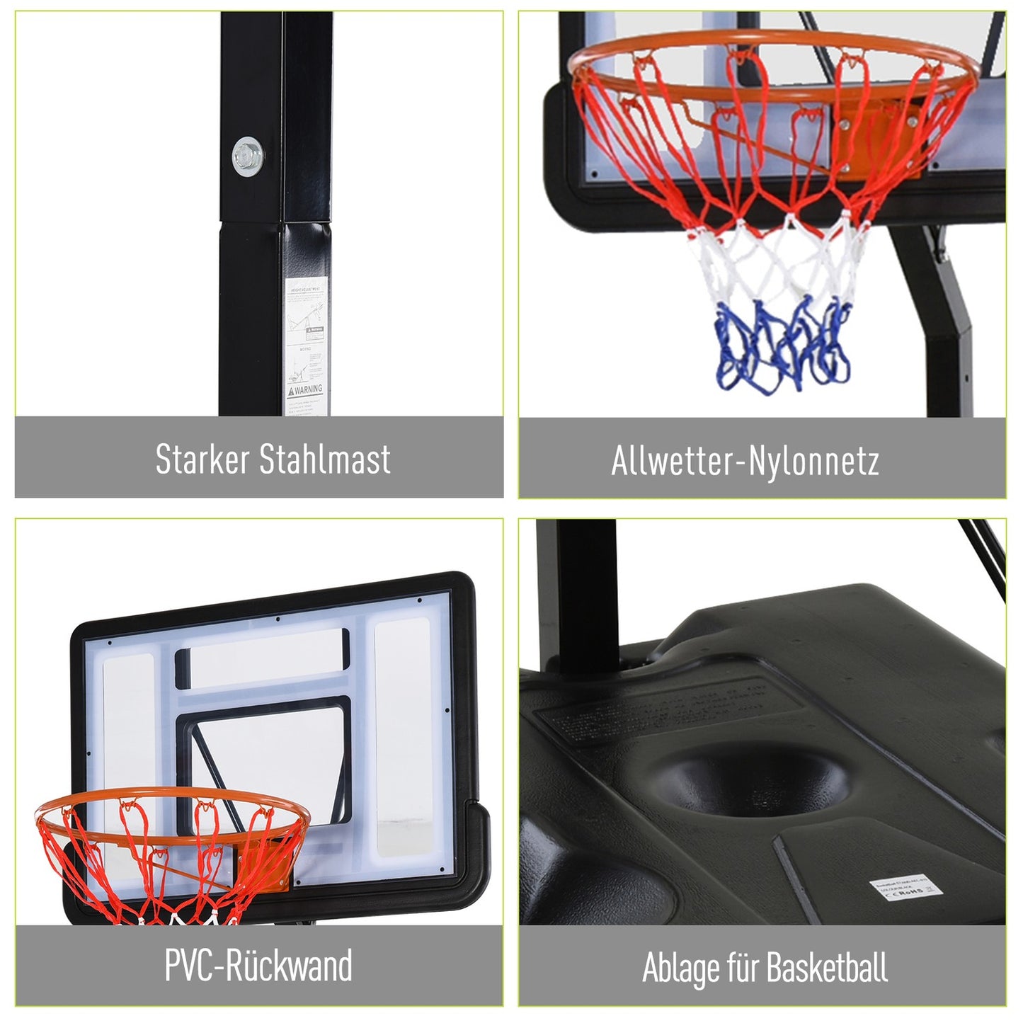 Adjustable basketball hoop with steel stand, 90-352 cm