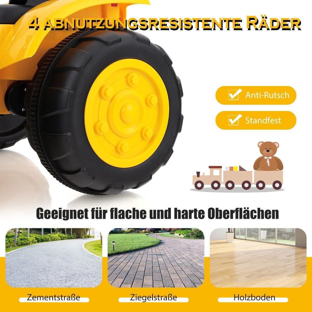 Mobile children's excavator with adjustable digging shovel for children aged 3 to 8 years. Yellow