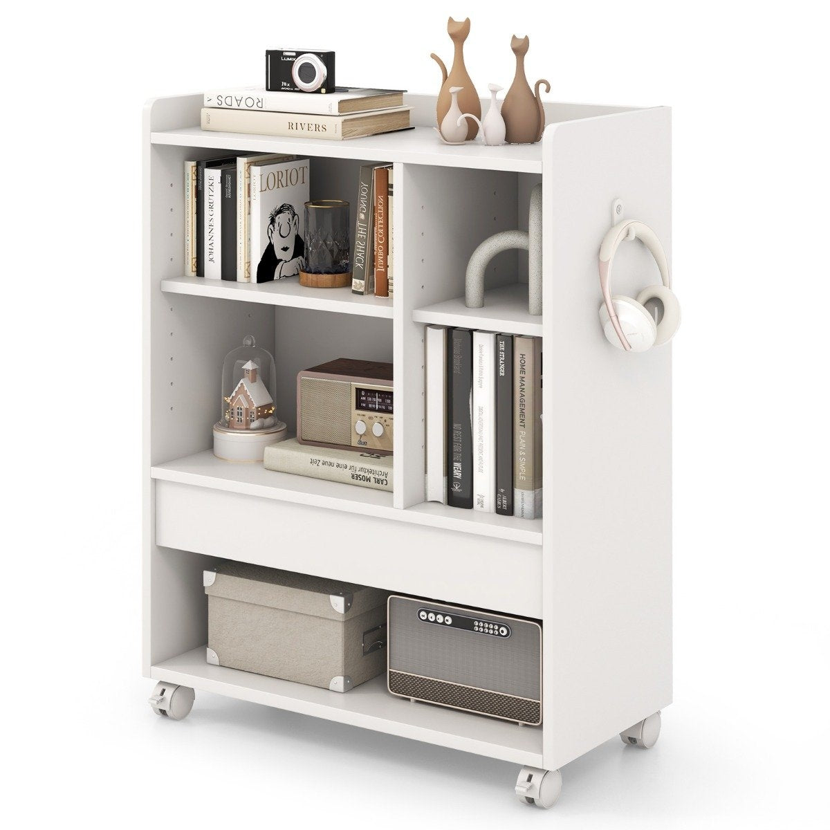 Mobile rolling container with drawer office cabinet with adjustable shelves white