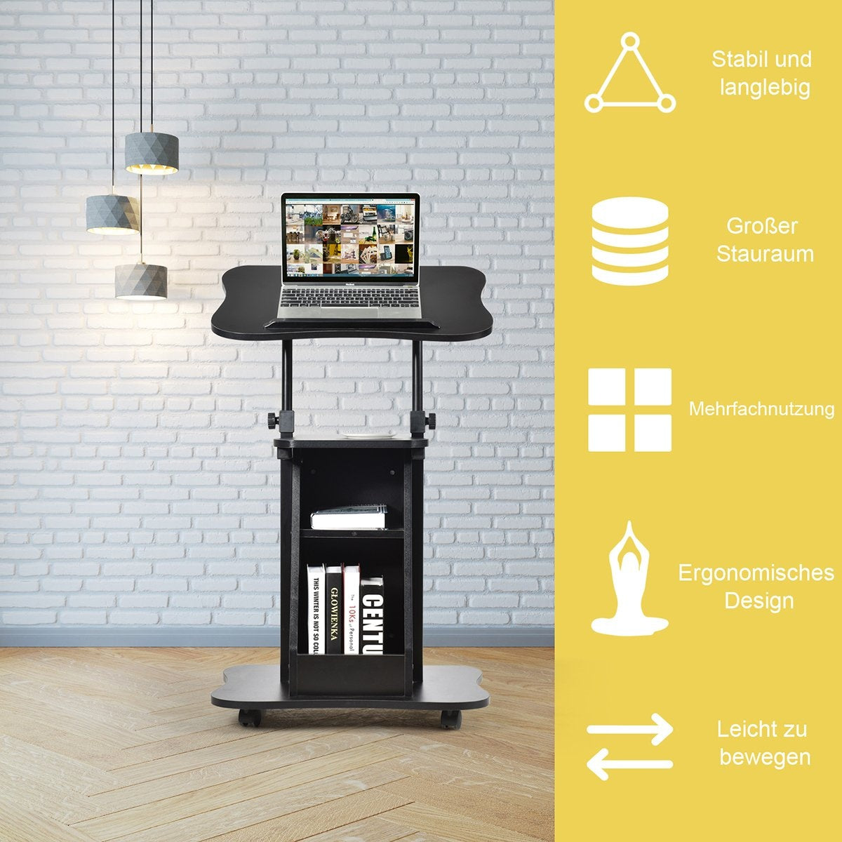 Mobile standing desk with tiltable table top & open compartments Height-adjustable lectern Black