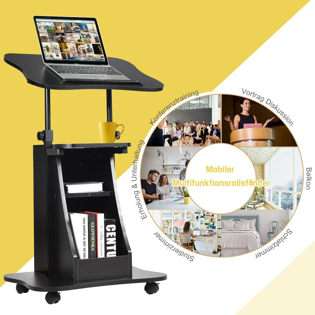 Mobile standing desk with tiltable table top & open compartments Height-adjustable lectern Black