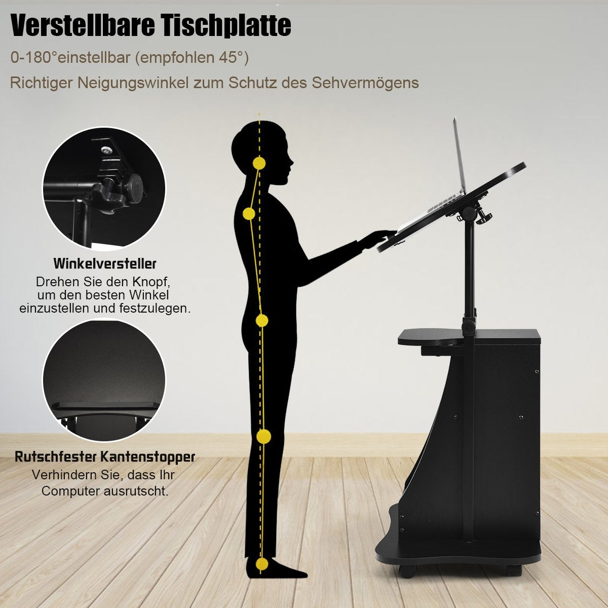 Mobile standing desk with tiltable table top & open compartments Height-adjustable lectern Black