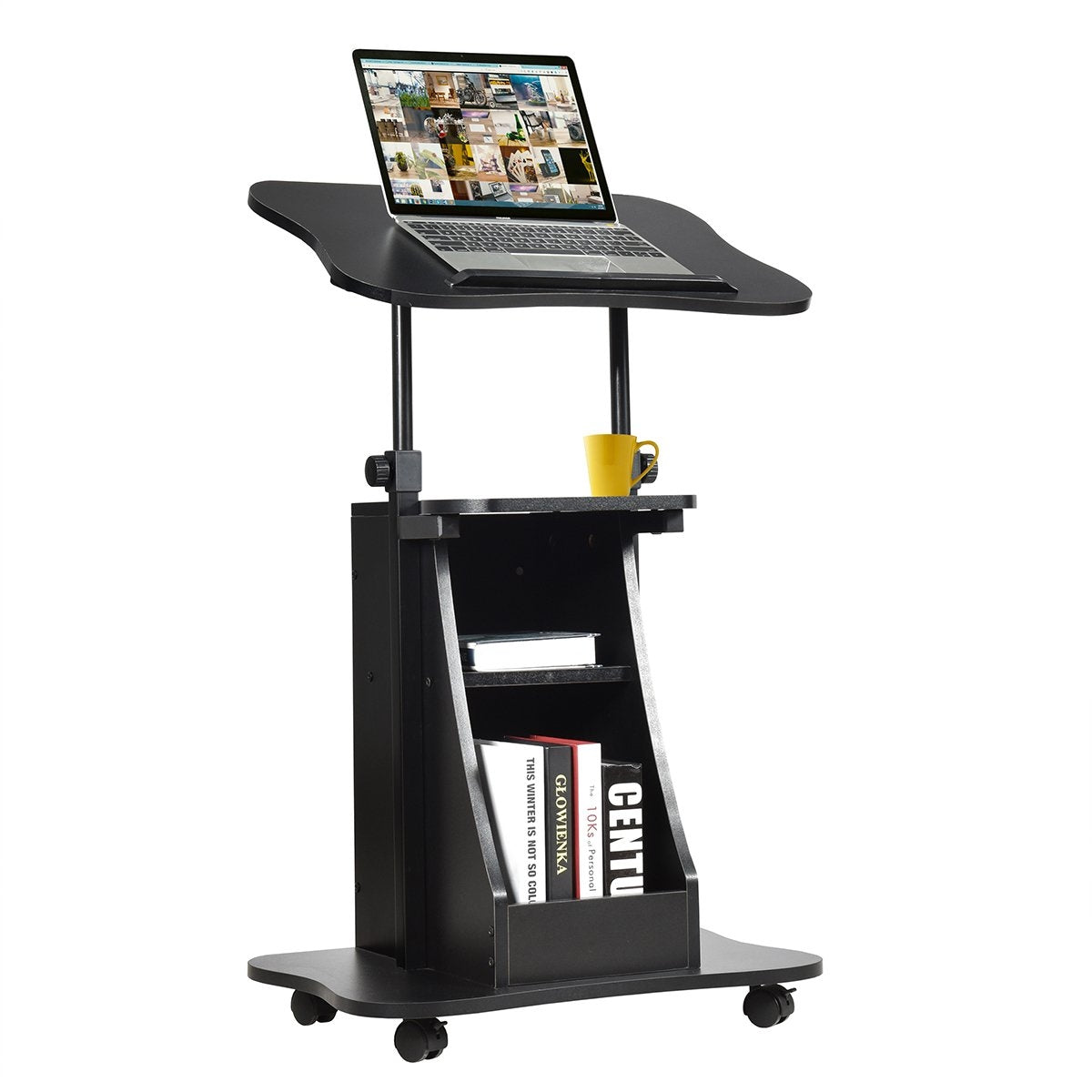 Mobile standing desk with tiltable table top & open compartments Height-adjustable lectern Black