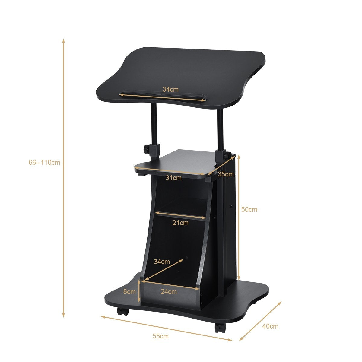 Mobile standing desk with tiltable table top & open compartments Height-adjustable lectern Black