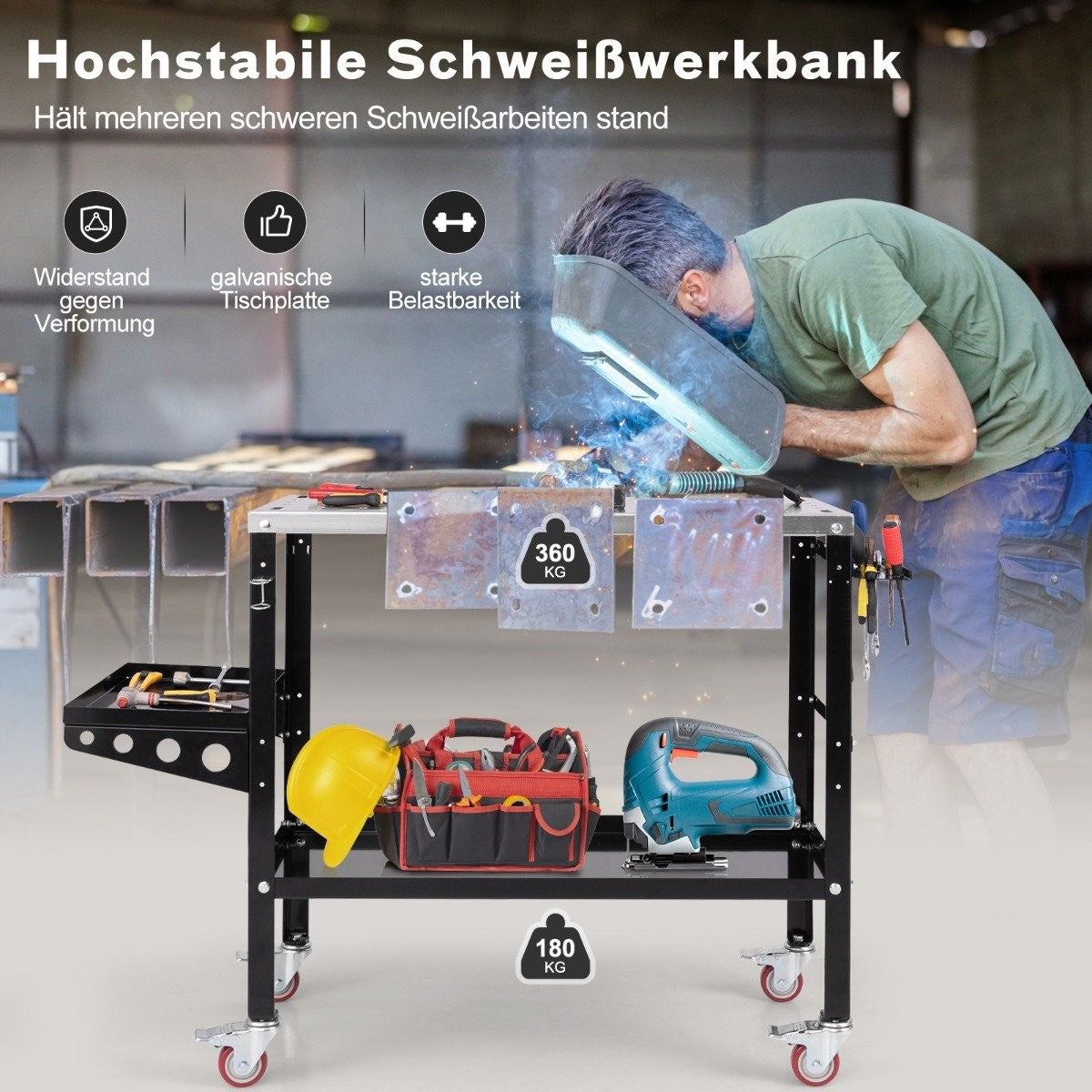Mobile welding table with φ 1.6cm holes & tool stand & 8 tool slots
